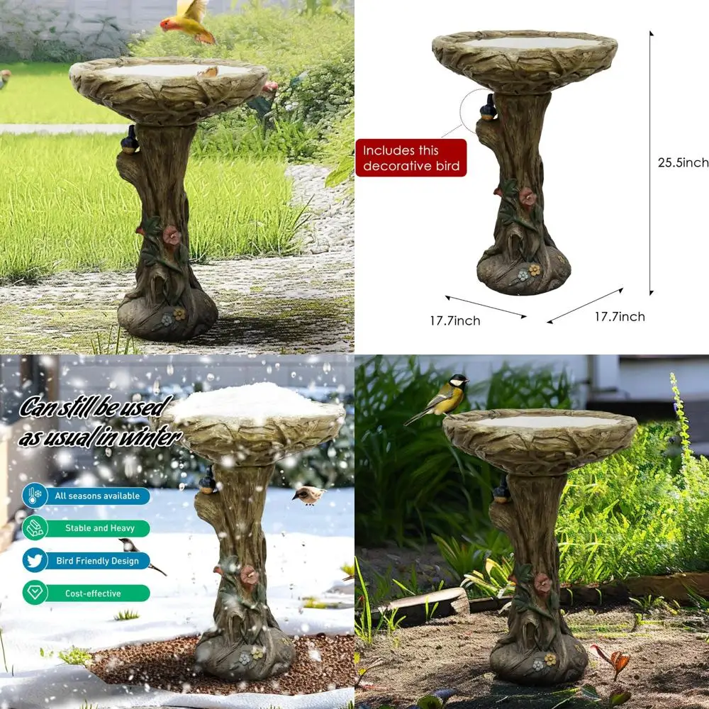 

Rustic Wood-Style Concrete Bird Bath, 25.5" Tall, with Ornamental Faux Bird - Durable and Long-Lasting Design for Enhancing Outd
