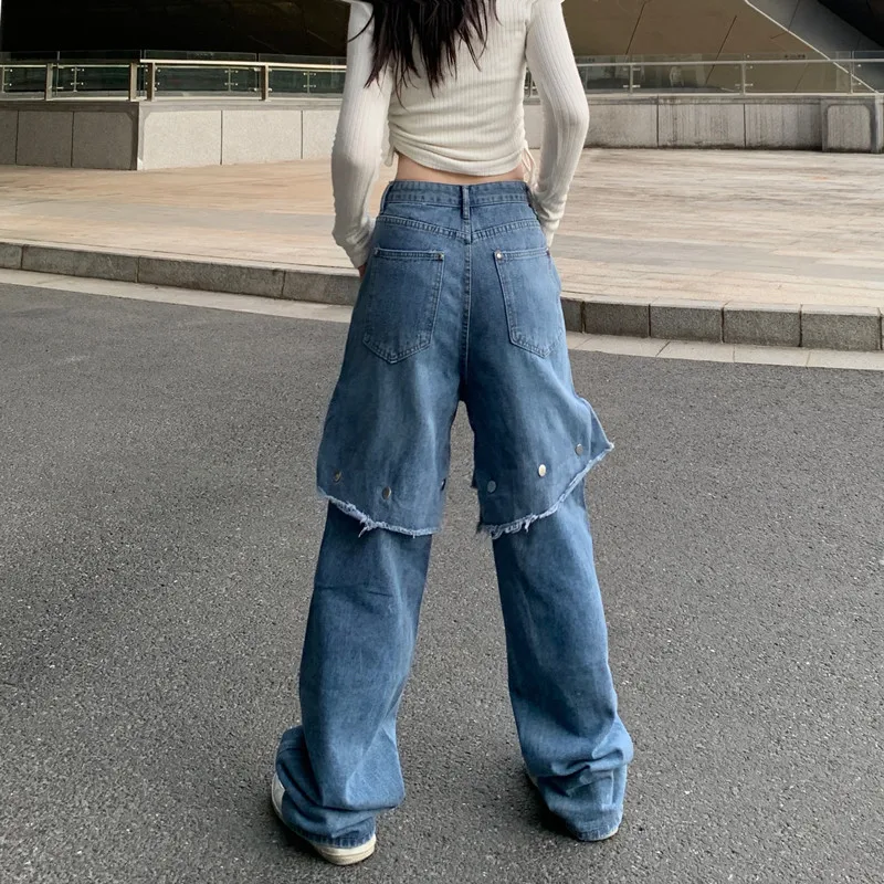 2024 Trashy Y2K Streetwear Patchwork Baggy Stacked Jeans Pants Clothes For Women Removable Hip Hop Lady Trousers Pantalon Femme