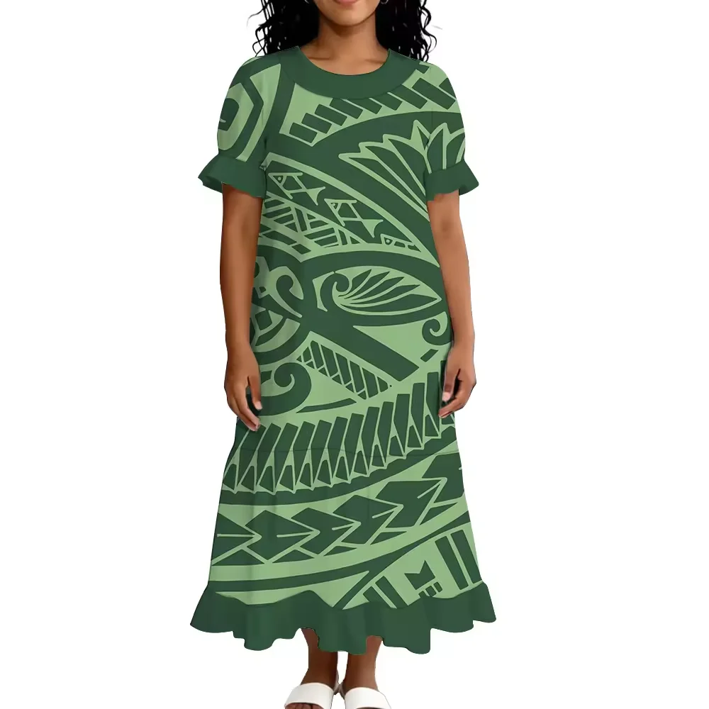 Women Hot Sale Custom Mumu Dress Green Polynesian Tribal Plumeria Floral Print Round Neck Ruffle Short Sleeve Loose Long Dress