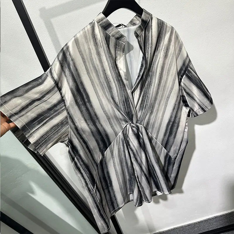 Summer Designer Geometric Striped Loose Lapel Shirt Casual Retro Japanese Irregular Short Sleeve Top