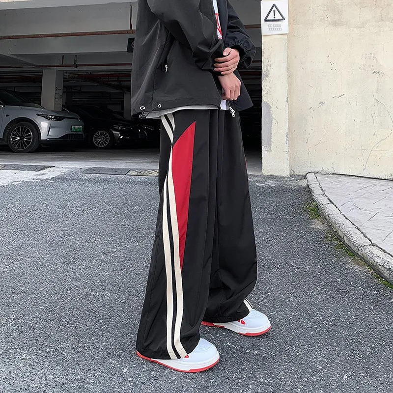 

Street Style Men's Loose Fit Casual Pants Trendy Design Color Block Striped Wide Leg Sporty Long Trousers Youthful Energy