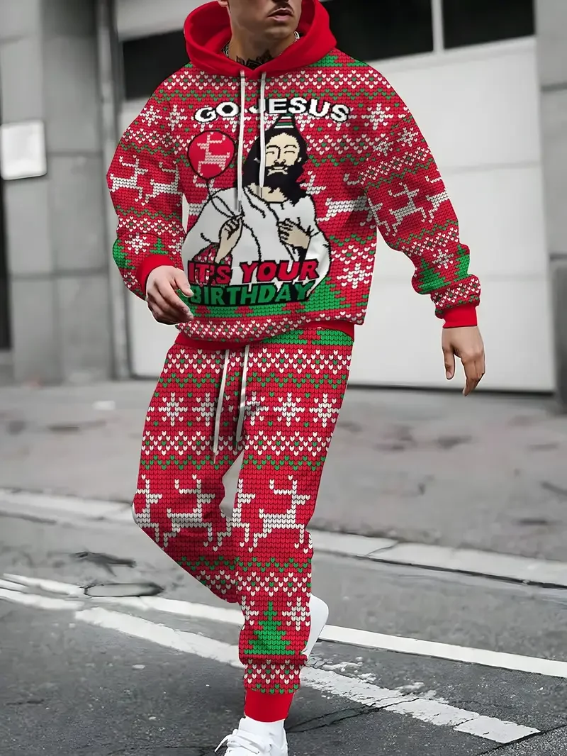 

Рождественская серия, комплект толстовок с 3D принтом, мужской спортивный костюм, толстовка большого размера, комплект из 2 предметов, осенне-зимний комплект унисекс, толстовка и брюки