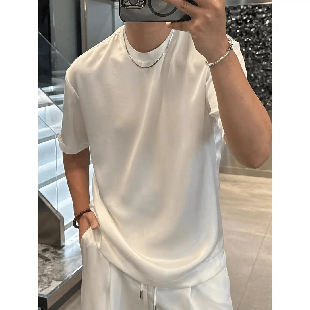 

Summer Ultra-Light Acetate Silk ort Sve T-irt Men's Loose Fit Comfortable Net Version Luxury f Sve Body T-irt