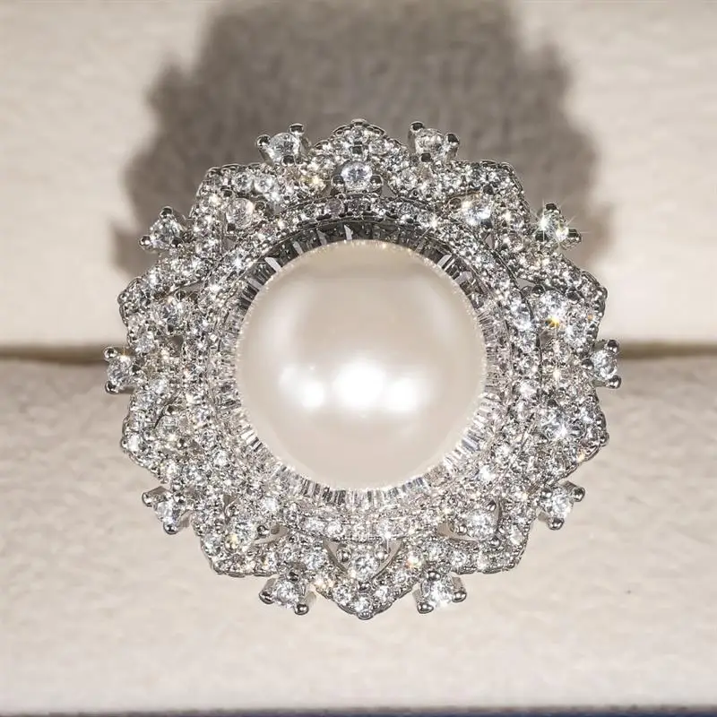 Huitan Wunderschöner runder Damenring mit Imitationsperle, ausgefallenes Zubehör für Hochzeit, Verlobung, edler, voll glänzender CZ-Damenschmuck, Geschenk – Detail 8