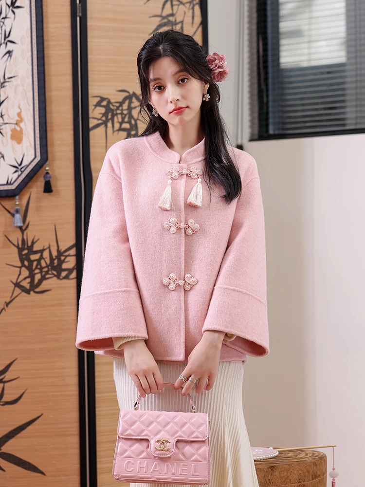

Miss Du 2025 Autumn Winter Double-Faced Camere Woolen Coat ort New Chinese Sle Women's Outerwear Retro Commute High Waist