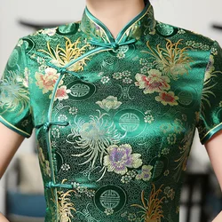 Green Brocade Satin Qipao Flower Mandarin Collar Cheongsam High Split Vestidos Oriental Bride Wedding Dresses Summer Party Gown