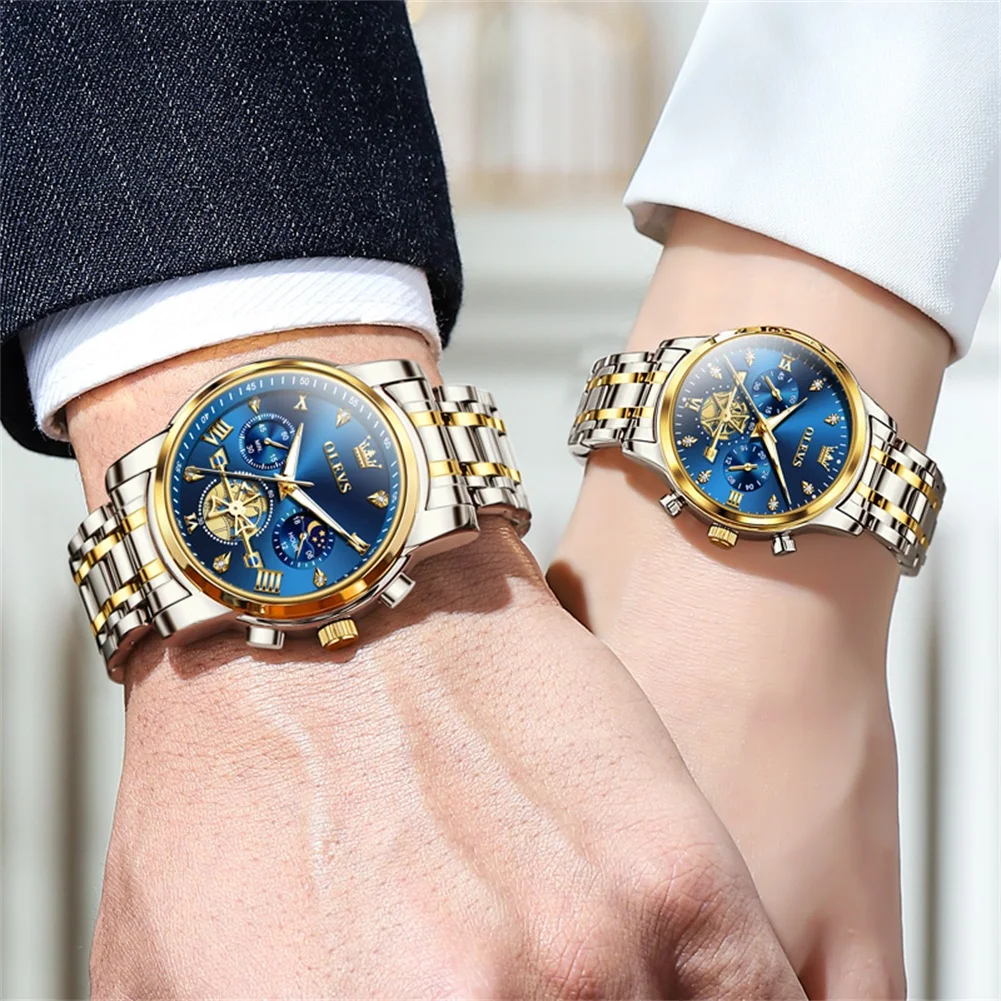 OLEVS Couple Watches Top Brand Trend Fashion Original Quartz Watch for Lover Flywheel Chronograph Waterproof Luminous 2Pcs reloj
