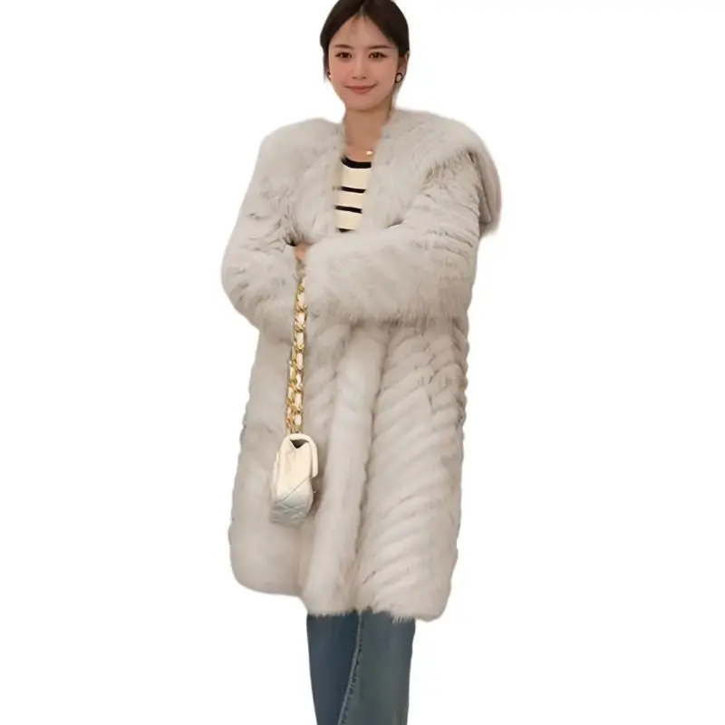 Women's Winter Faux Fox Fur Coats,Long Jacket,Female Loose Jacket, Thicken Warm Clothes, High Quality, Naval, New, 2024