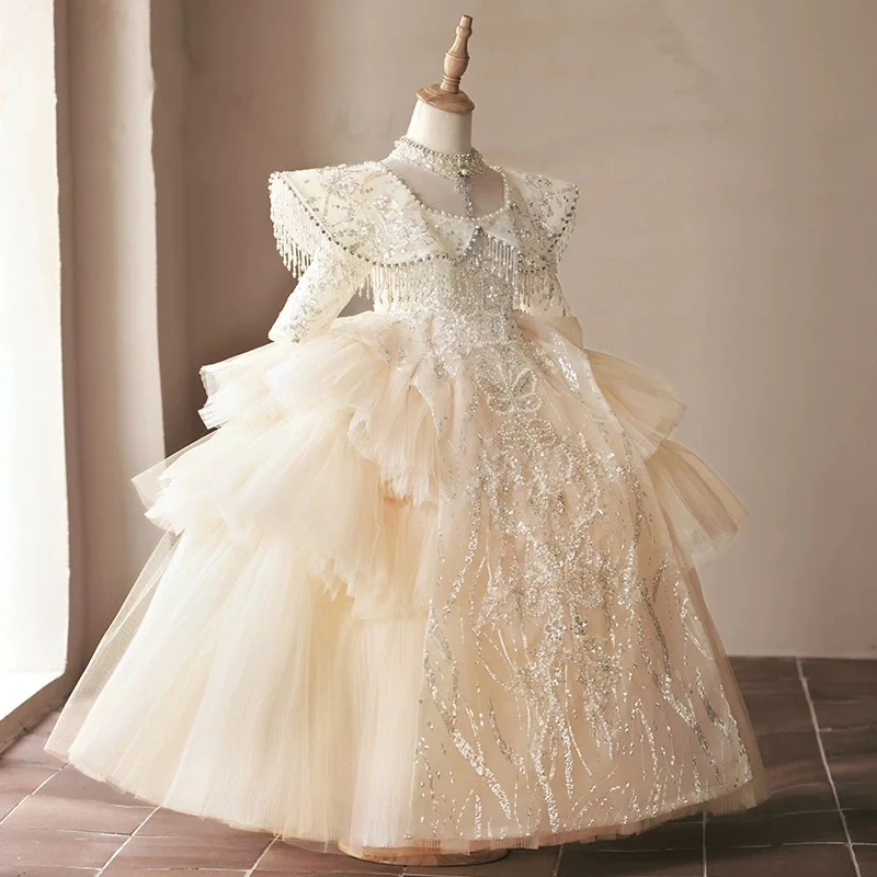 Champagne Ball Gown Flower Girls Dresses Corset Back Girl Dress Long Sleeves Princess First Holy Communion Dress