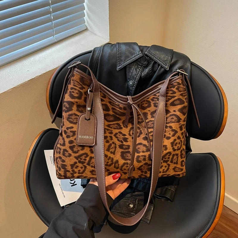 Fashion Women Tote Bag Leopard Print Suede Large Shoulder Handbag With Tag Casual Commuter Crossbody Purse Daily Travel Bag