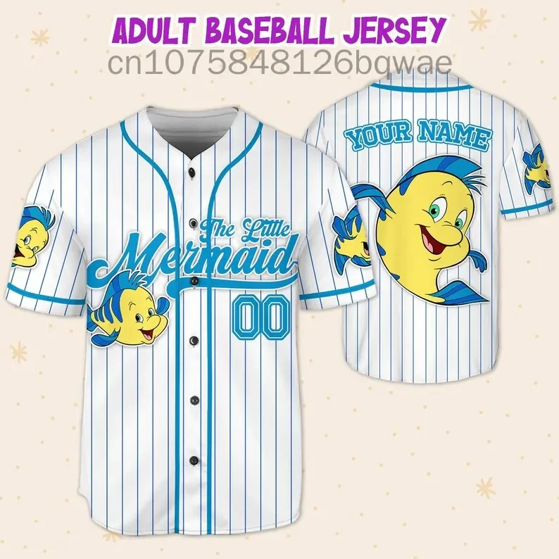 2024 Summer New Disney Mermaid  Baseball Shirt Casual Fashion Button Street Customized Men's and Women's Baseball Jersey