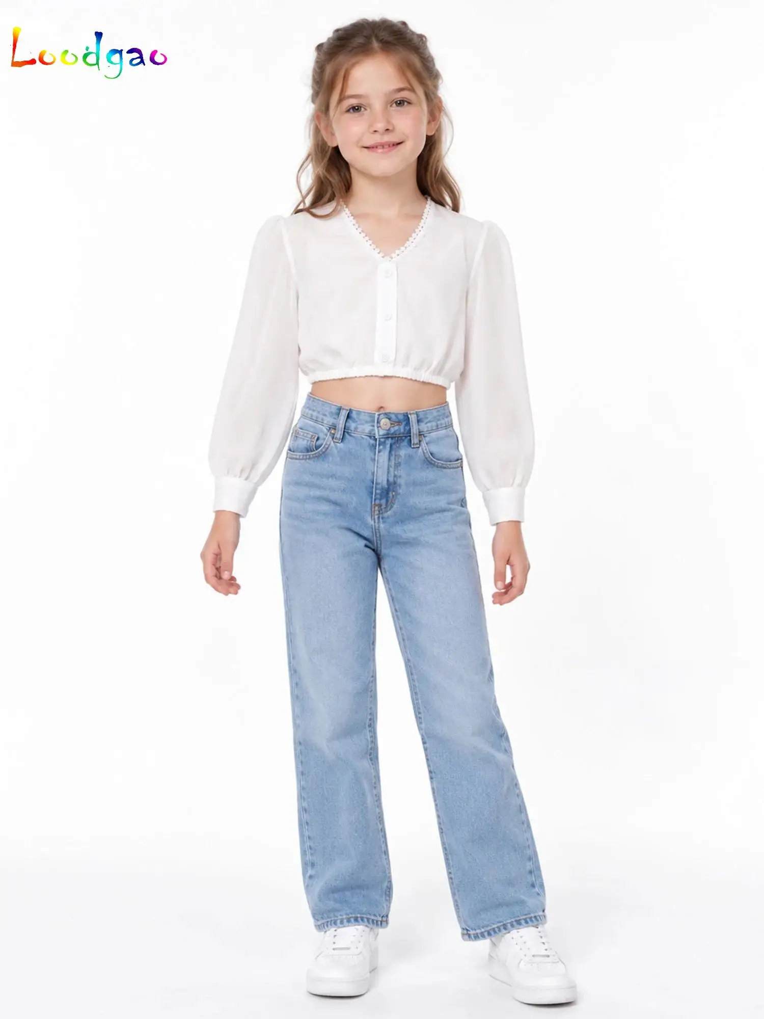 Oktoberfest Blouse For Girls See-Through White Blouse Button Deep V-Neck Long Sleeve Crop Tops Theme Kids Traditional Costume