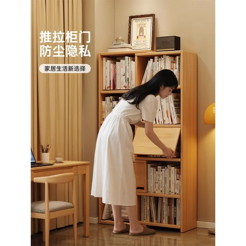 رف كتب من الخشب الصلب مع رف أرضي للباب، خزانة تخزين منزلية لغرفة المعيشة، خزانة كتب صغيرة بسيطة قابلة للسحب في العصور الوسطى #2