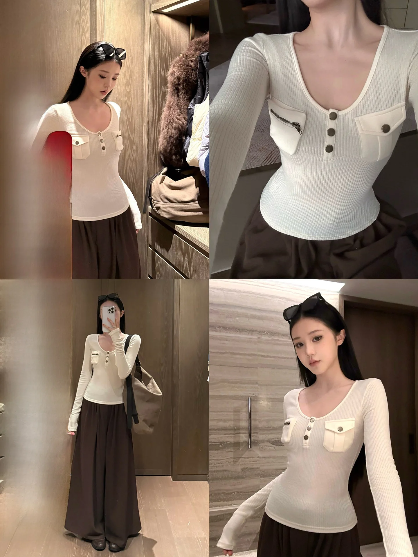 

Вязаный свитер с эффектом похудения для женщин, облегающий базовый топ с круглым вырезом, повседневный, с длинными рукавами и пуговицами