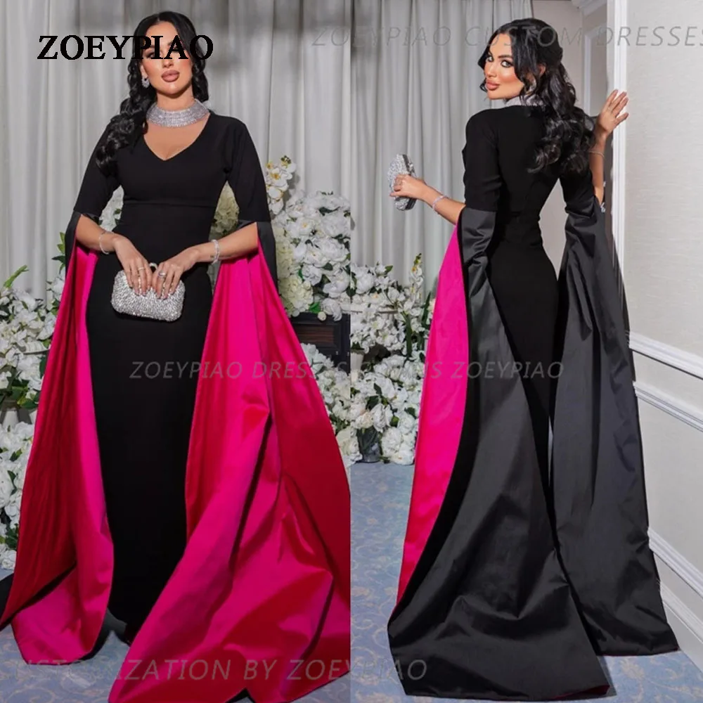 Elegant Black/Fuschia Long Prom Dresses Saudi Arabia Evening Dresses Floor Length Pleated V Neck Formal Occasion Party Gowns