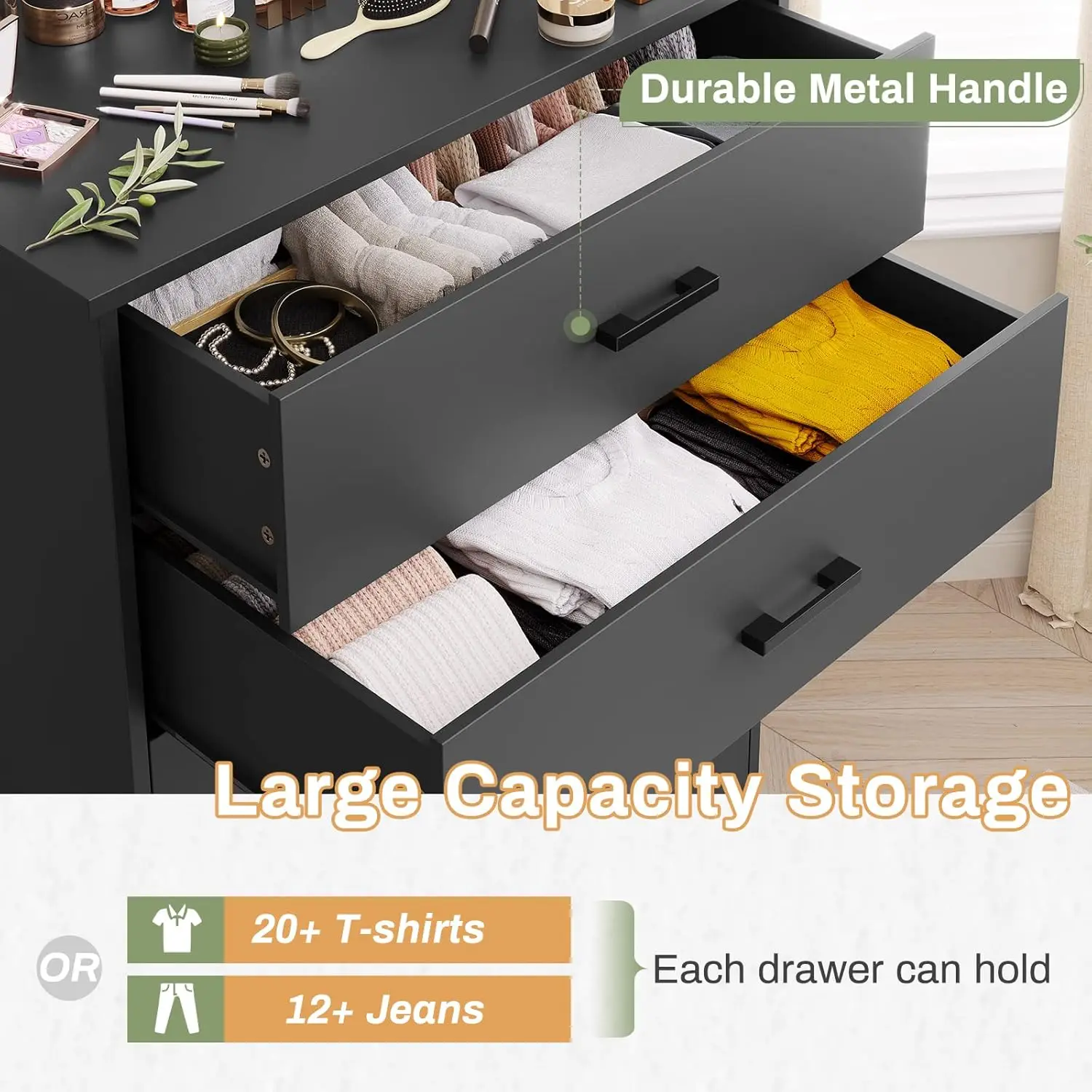 Black Dresser for Bedroom, 5 Drawer Dresser with Sturdy Base, Wooden Large Capacity Storage Cabinet, Tall Chest of 5 Drawers