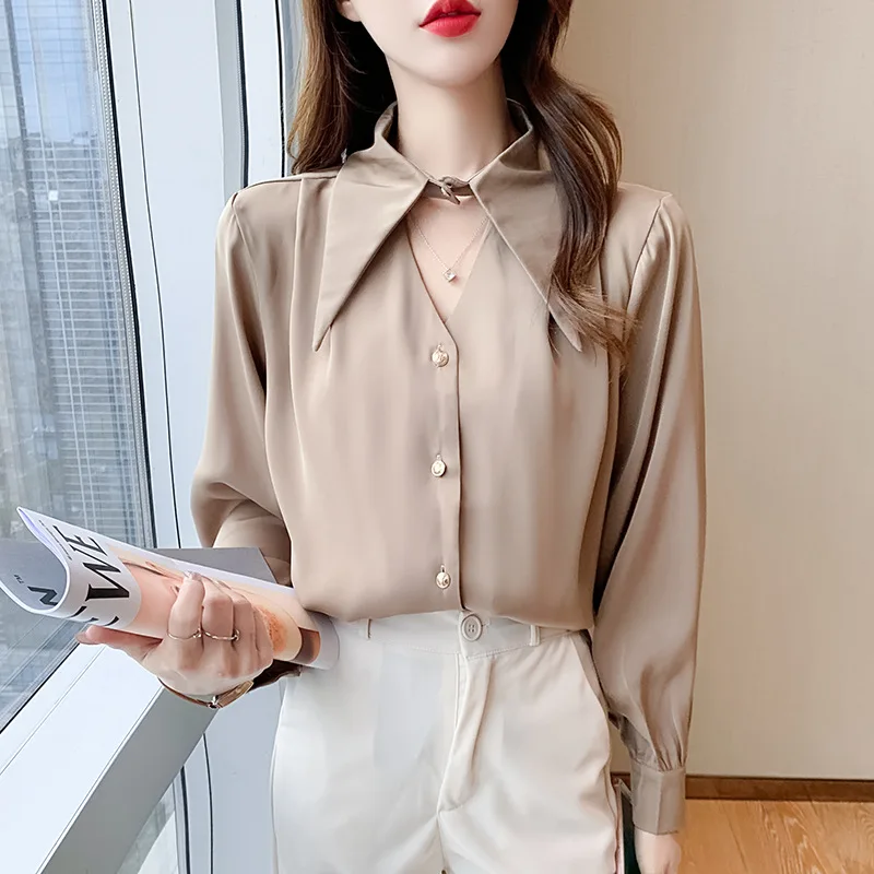 Dames satijnen gladde lange mouwen chic blouse dames elegante button-down effen kleur werk kantoor shirts tops vrouwelijk