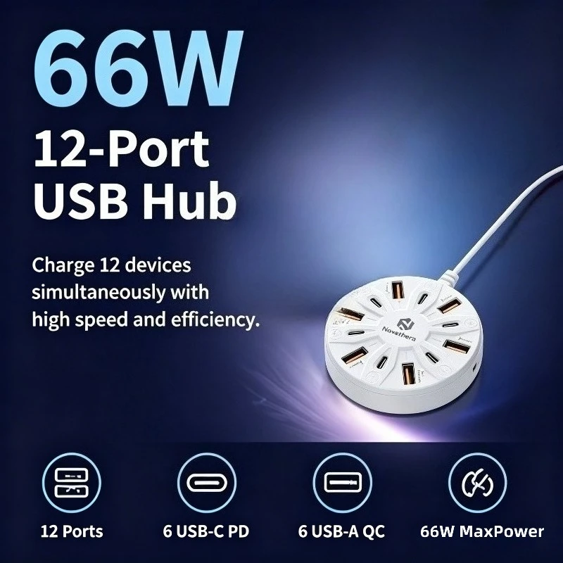 Round Multi Port USB Charging Station, USB A & Type C Multi-Device Desktop Charger Hub for Laptop, Phone, Tablet