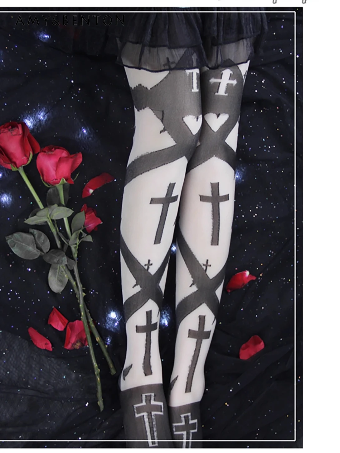 

Original Lolita Pantyhose Subculture Gothic Cross Print Thin Sexy Stockings Women Summer New Harajuku Style Thigh High Stockings