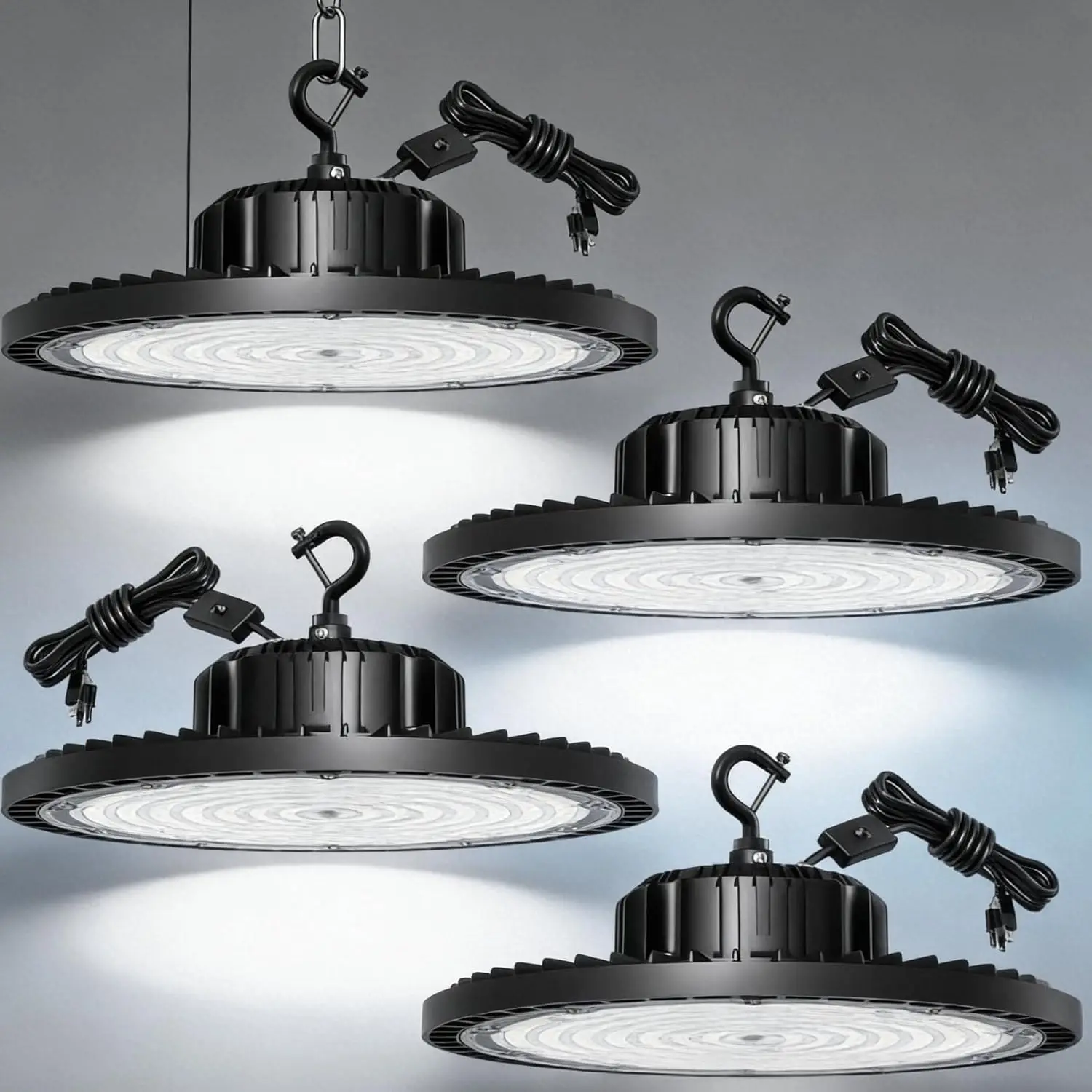 Paquete de 4 Lámparas LED UFO de 320W para Techo Alto, 45000LM, con Interruptor y Cable para Garaje o Taller