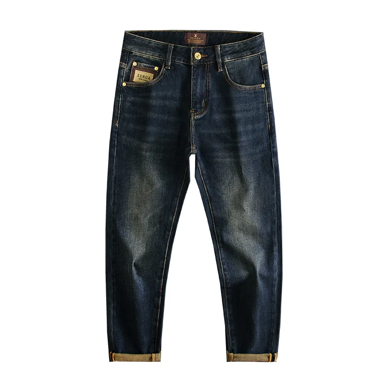 High end retro washed denim jeans for men's autumn and winter casual slim fit elastic small straight leg fashionable pants