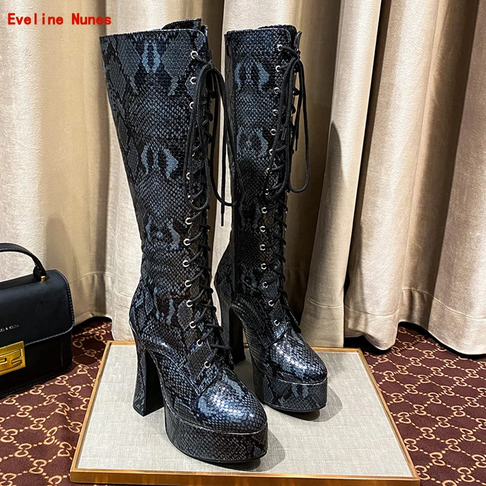 

Black Snake Print Boots Winter 2024 New Arrival Solid Round Toe Chunky Heel Side Zipper Platform Party Women's Fashion Shoes