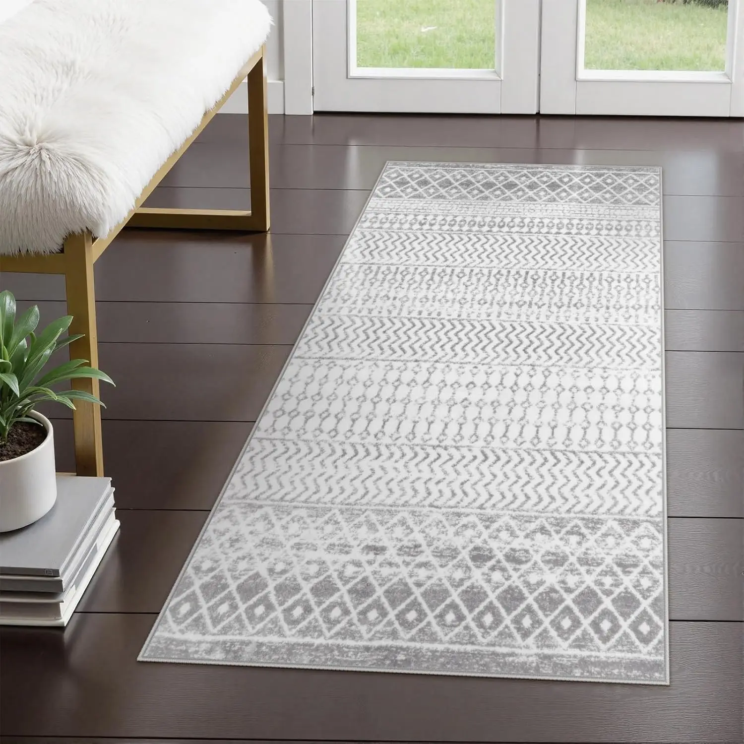 

Moroccan Washable Area Rug, 2x4 Non-Slip Front Door Mat Indoor Entrance, Low-Pile Distressed Grey Rug Throw Rugs for Bed