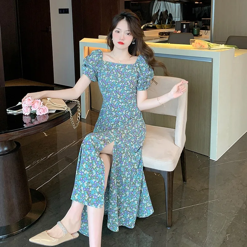 French square neck bubble sleeves floral mid length dress for women 2024 summer new collection waist cut A-line skirt trend