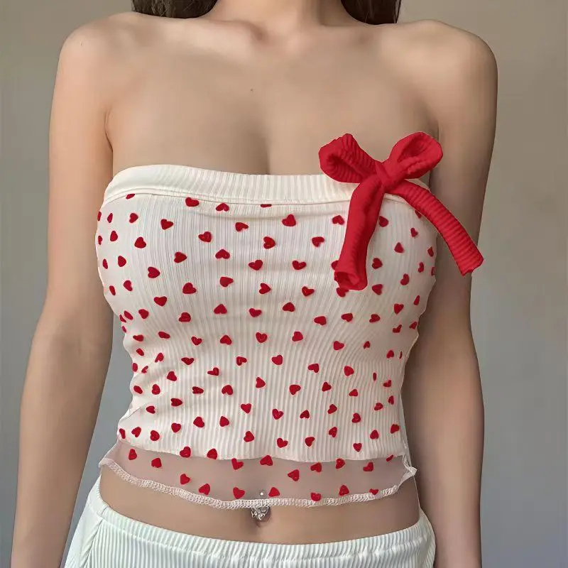 Débardeur sans bretelles pour femmes, Sexy, Chic coréen Y2K, imprimé esthétique, maille, Perspective, bustier tubulaire, sans manches, nœud, tentation, haut court