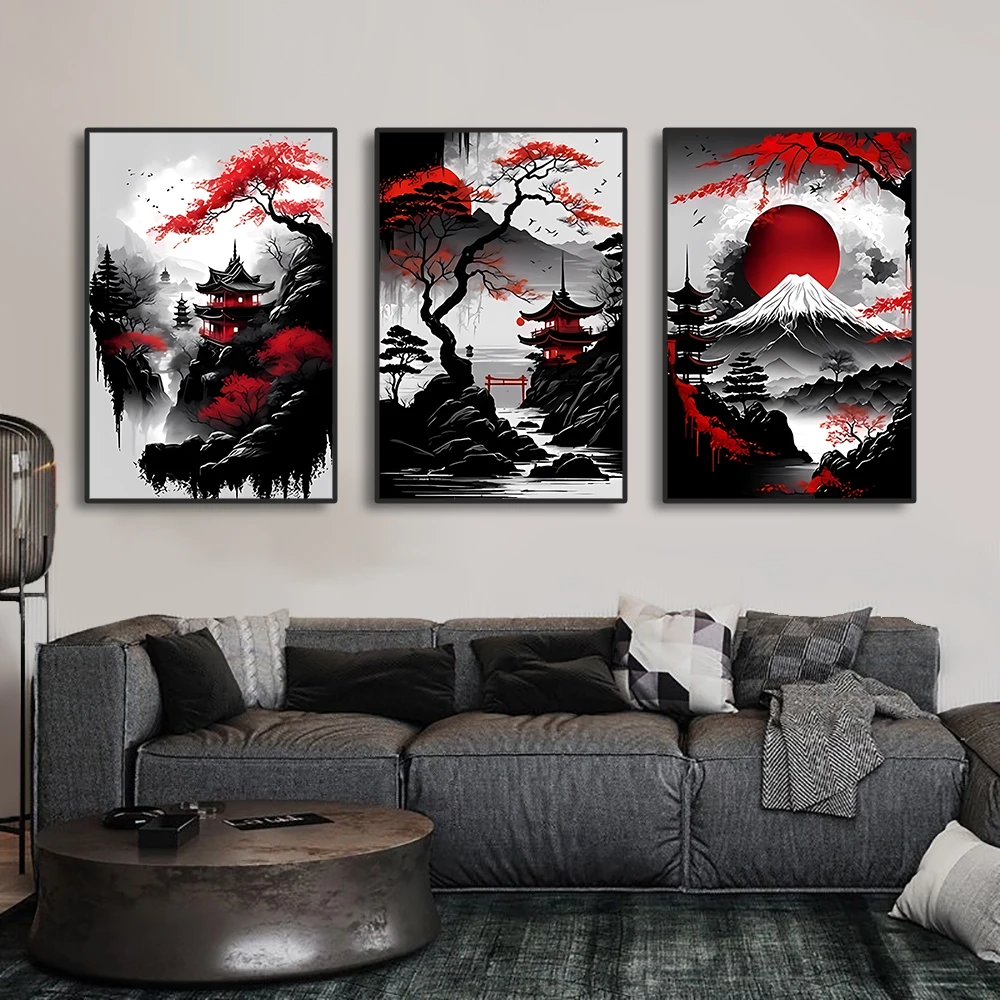 3 個ヴィンテージ和風自然風景壁アートキャンバス絵画オリエン - Home Decor Vietnam のレビューと価格