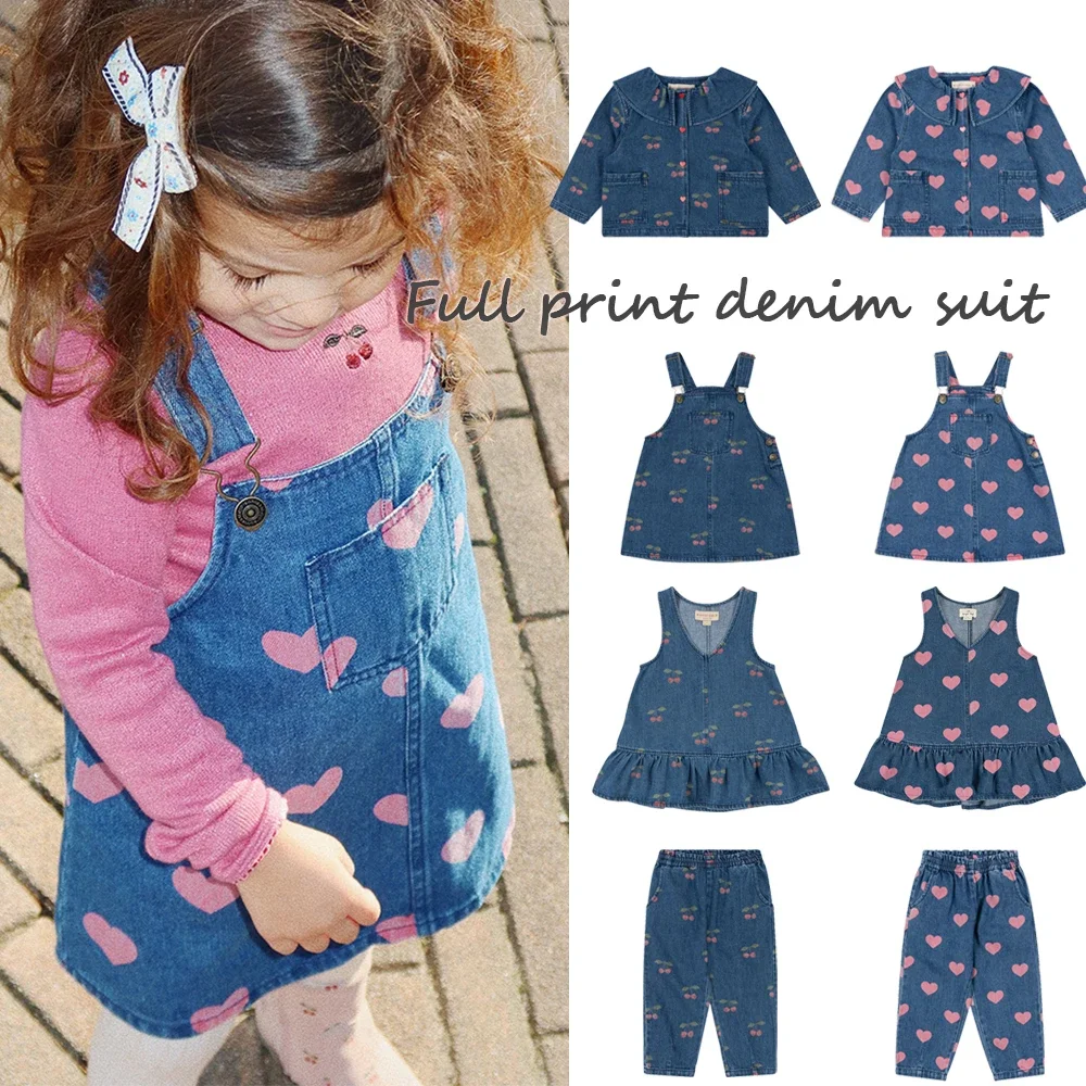 Kid Girls 24 KS Denim Suits Full Love Cherry Denim Shirt Jeans Strap Dress Rompers Toddler Children Spring Pants Set Girls Gifts