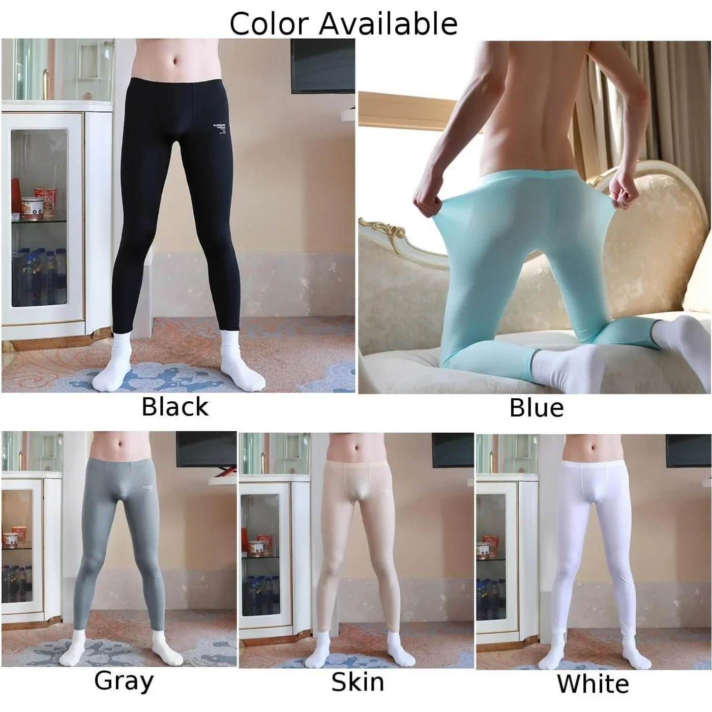 Sheer Men's Ice Silk Long Johns Elastic Pouch Underwear Thin Nightwear Translucent Pajamas Bottoms Stretch Thermal Pants A50