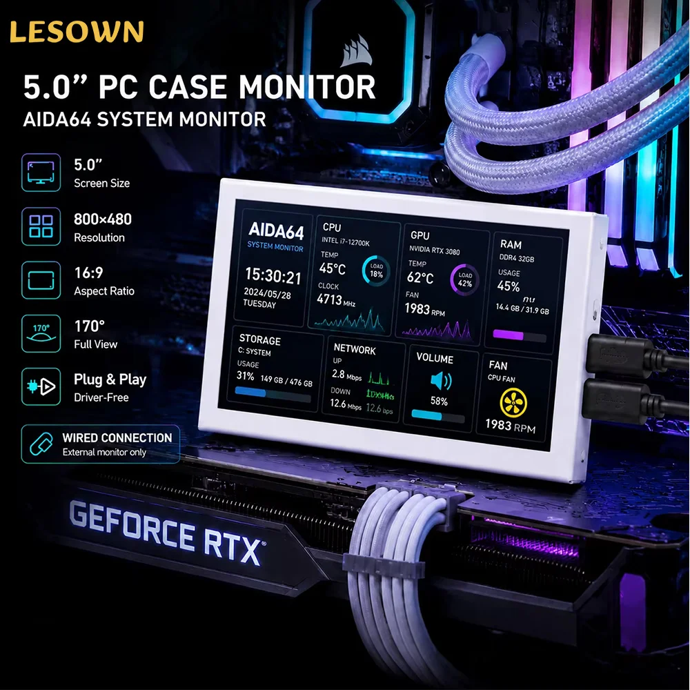 lesown-50-inch-pc-case-aida64-system-monitor-800x480-ips-secondary-display-plug-and-play-for-pc-hardware-status-monitoring