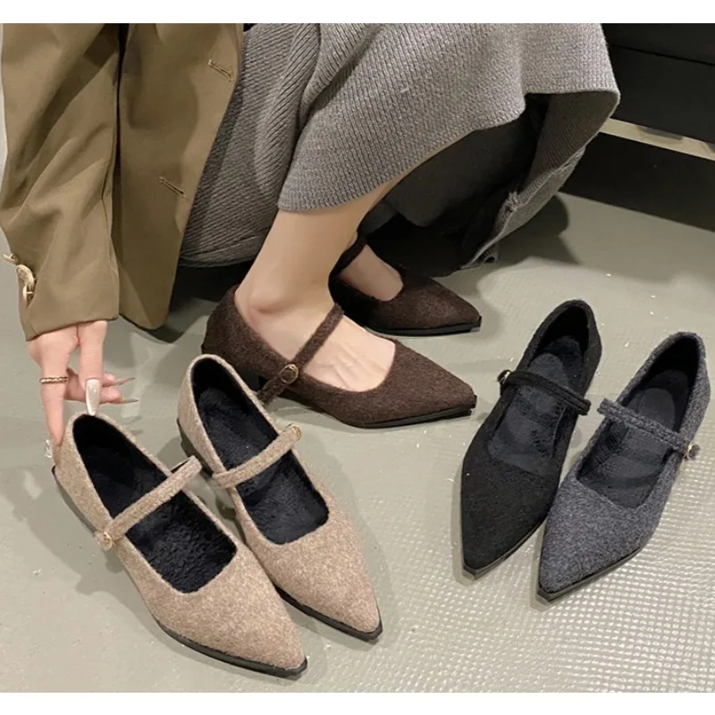 

Designer Winter Cotton Women Mary Jane Shoes Fashion Shallow Pointed Toe Shoes Concise Square Heels Shoes Zapatillas De Mujer