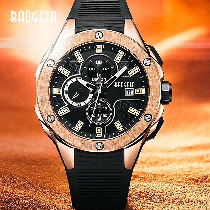 BAOGELA Luxury Brand Men Silicone Sports Watches Fashion Army Watch Man Chronograph Quartz Wristwatch Relogio Masculino Rose