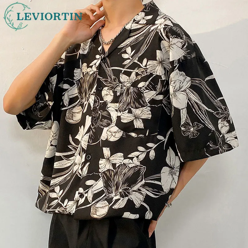 2023 Summer Fashionable Floral Print Shirt For Men Hip Hop Thin Ice Silk Short Sleeve Beach Tops Shirt Male Streetwear