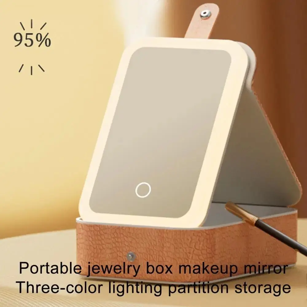 Multi-functional Cosmetics and Jewelry Box Three-color Light Mirror Beauty Mirror PU Leather Adjustable Brightness