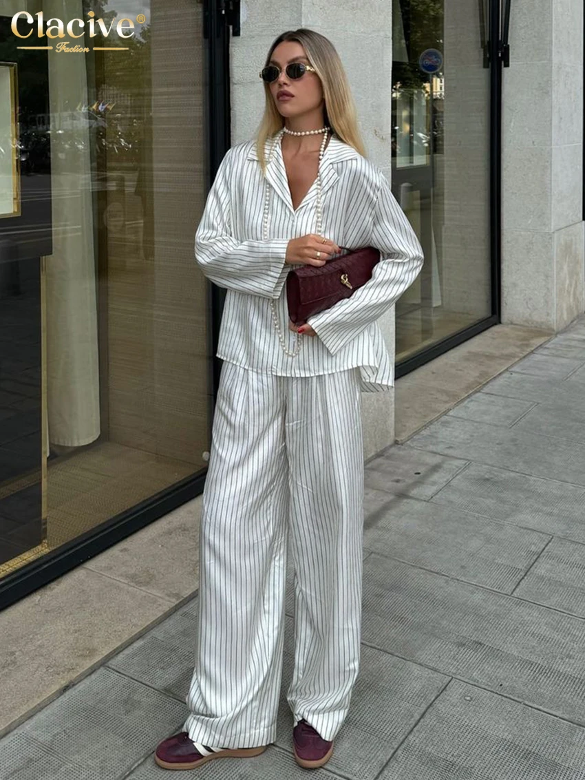 

Clacive Fashion Loose Stripe Print Trousers Sets For Women 2 Pieces Elegant Long Sleeve Shirt With High Waist Wide Pants Set