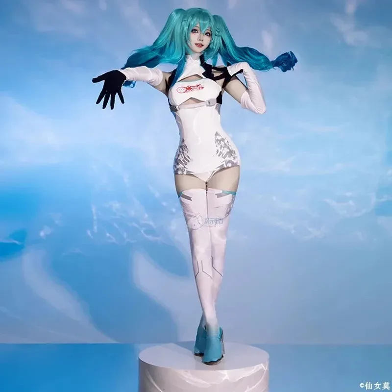 Disfraz de Cosplay de Anime Racing Miku, pelucas para mujer, mono de cuero Sexy, calcetines, guantes, traje de chica conejito, mono Sexy, disfraz de Halloween