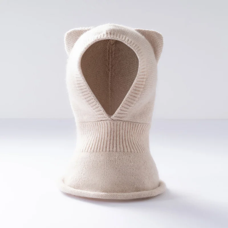 Children's 100% Pure Cashmere Cat Ear Hat Knitted Ear Protection Warm Cold Resistant Integrated Scarf Boys And Girls Winter Hat