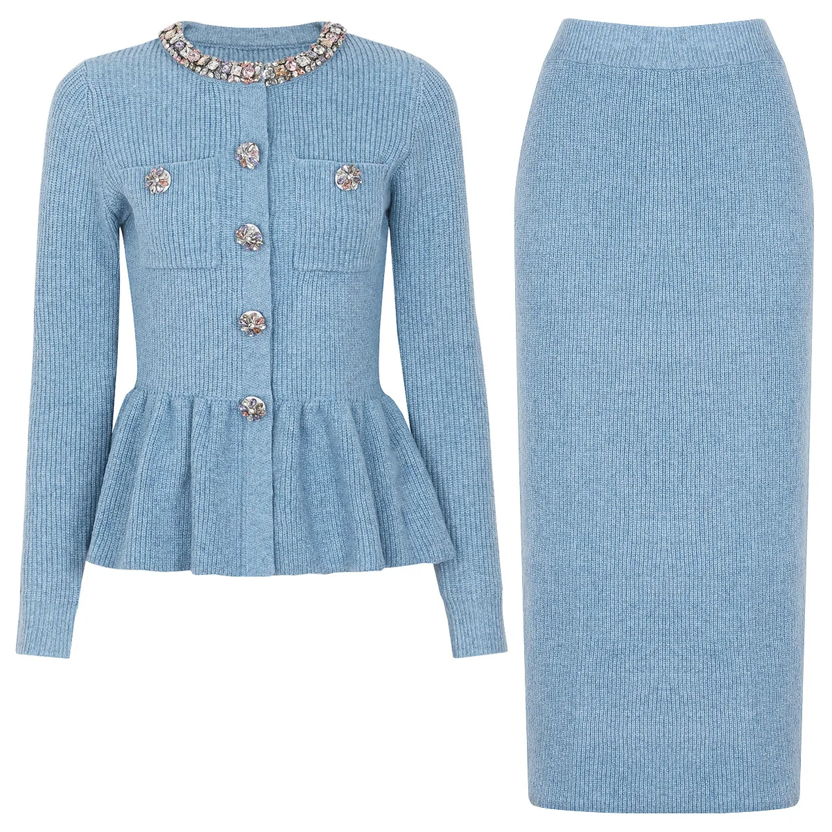 Zjyt elegante outono inverno luxo diamantes cardigans camisola e saia terno 2 peça conjunto de correspondência 2025 roupa feminina moda azul