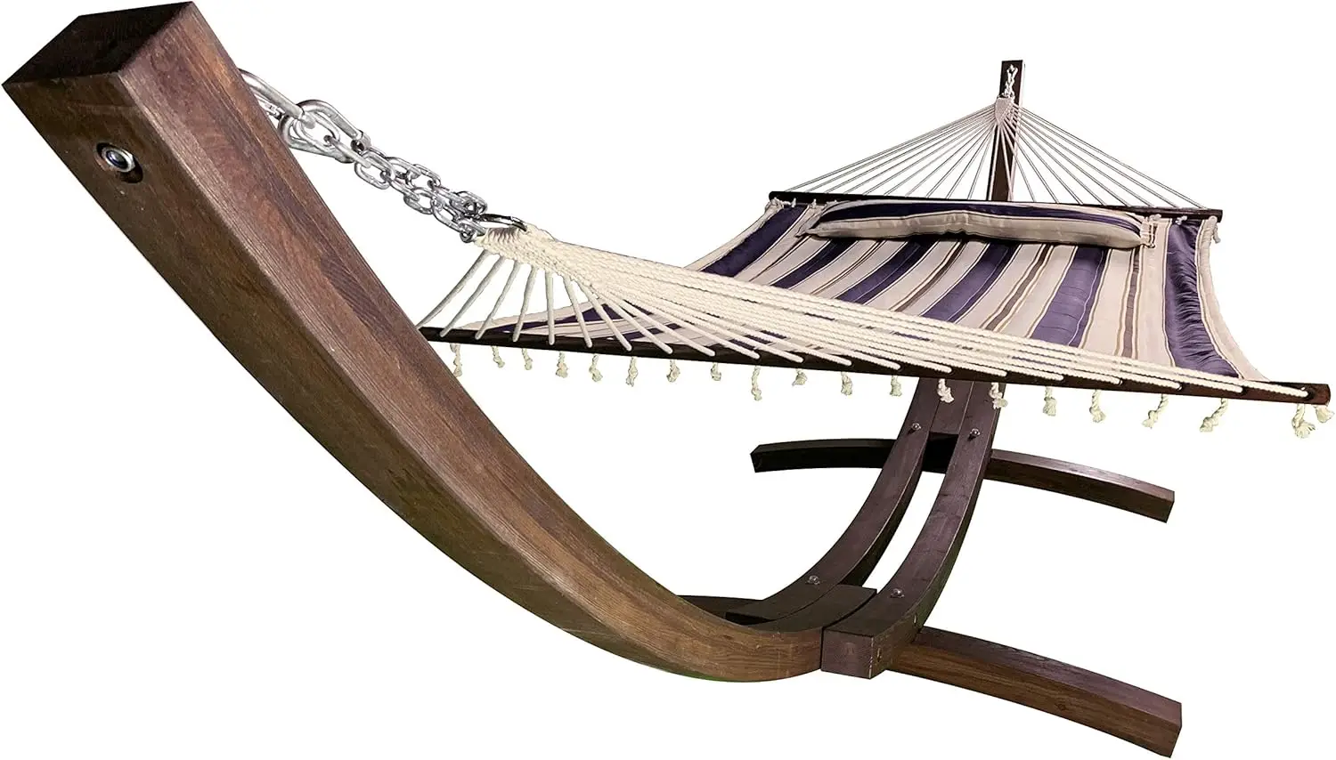 Wooden Arc Hammock Stand + Deluxe Hand Woven Bohemian Chic Rope Hammock Bed. 2 Person Bed. 450 LB Capacity(Coffee Stain/W