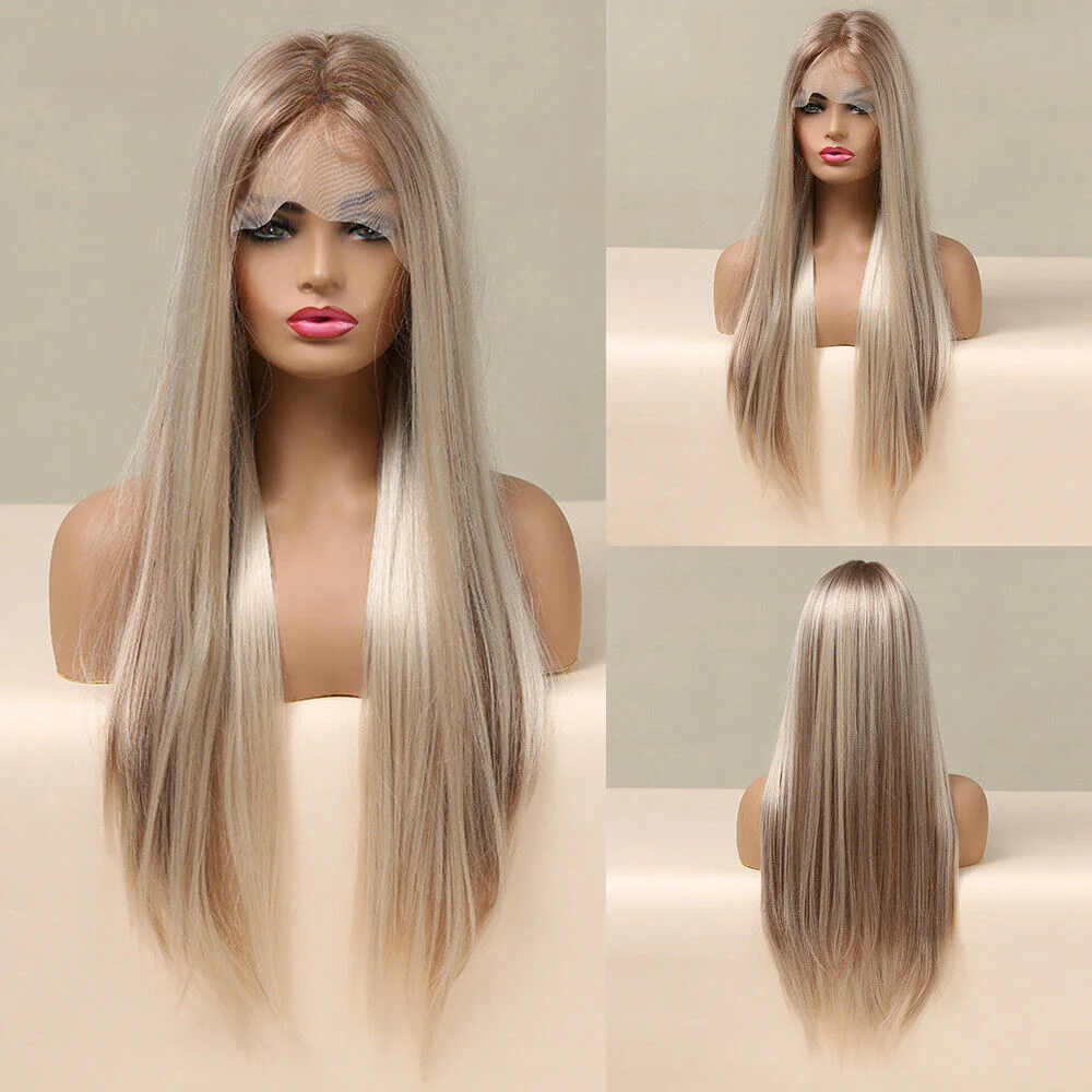 

Lace wig female split gold mixed color long straight hair full head cover female Synthetic