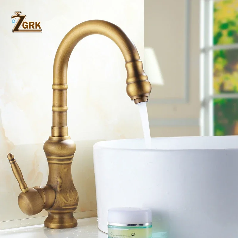 

ZGRK Deck Mounted Faucet Kitchen Single Hole 360 Degree Swivel Mixer Vintage for Kitchen Antique Brass Kitchen Faucet