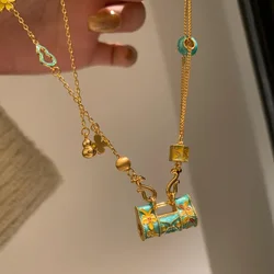 Vintage palace style green enamel floral Ruyi necklace exquisite small lock bag flower pendant collar chain charm jewelry gift