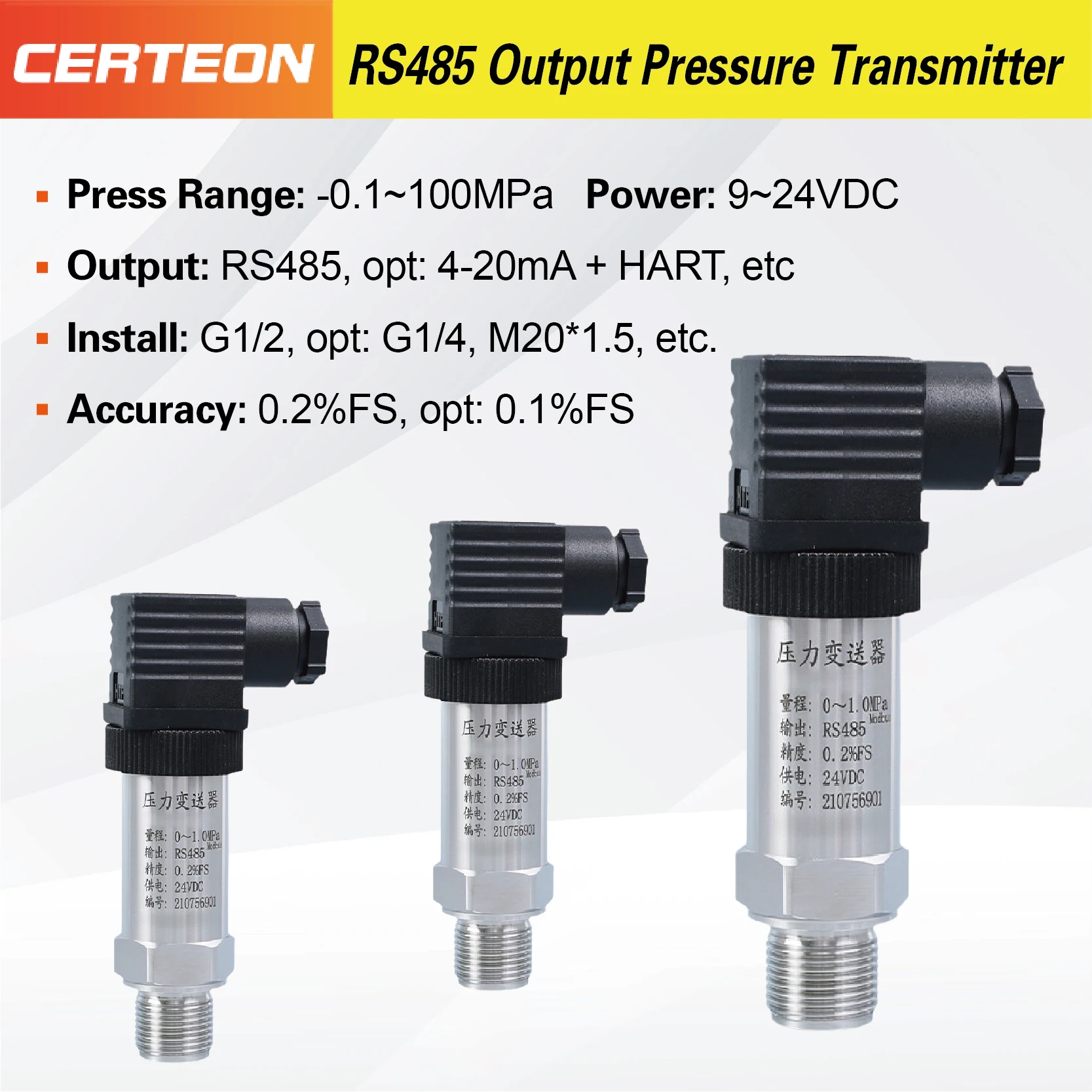 RS485 Modbus Pressure Transmitter High Accuracy Digital Pressure Sensor with Hirschmann Connector for Industrial Automation