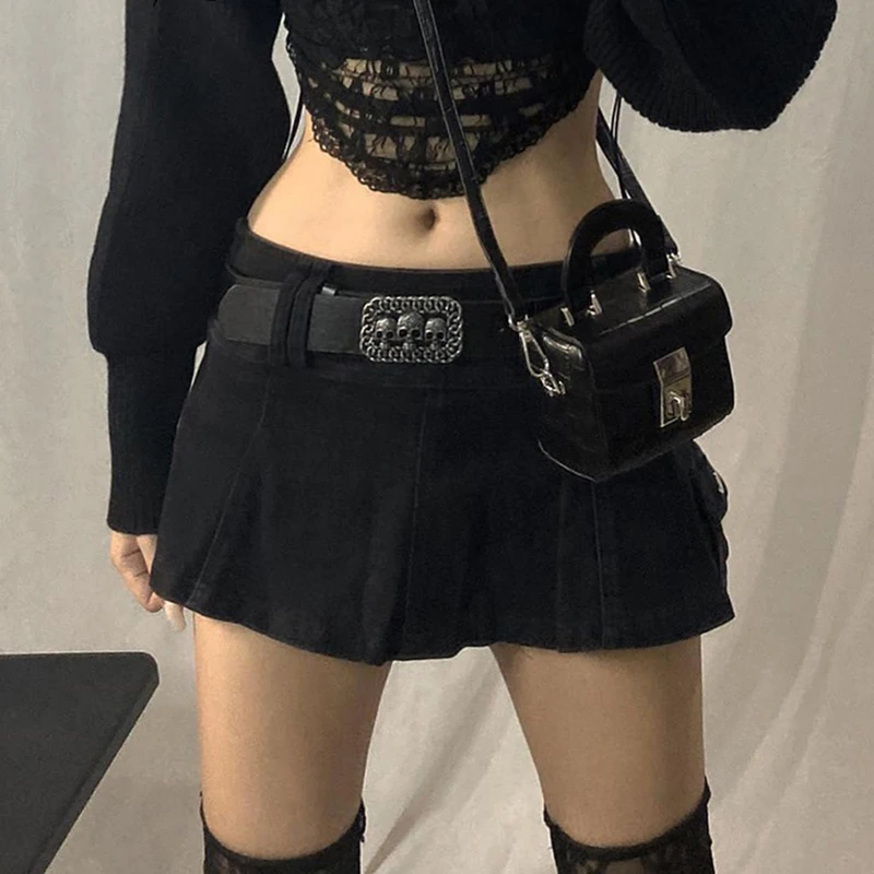 Rok Mikro Hitam Pinggang Rendah Y2K Streetwear Saku Patchwork Rok A-line E-girl Estetika Pakaian Ritsleting