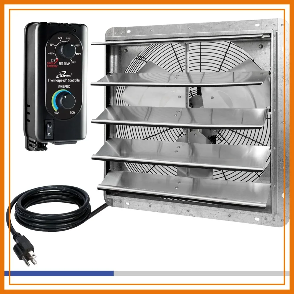 

20" Wall Mounted Shutter Exhaust Fan, Automatic Shutter, Thermostat & Variable Speed Controller, 3368 CFM, 5000 SQF Coverage