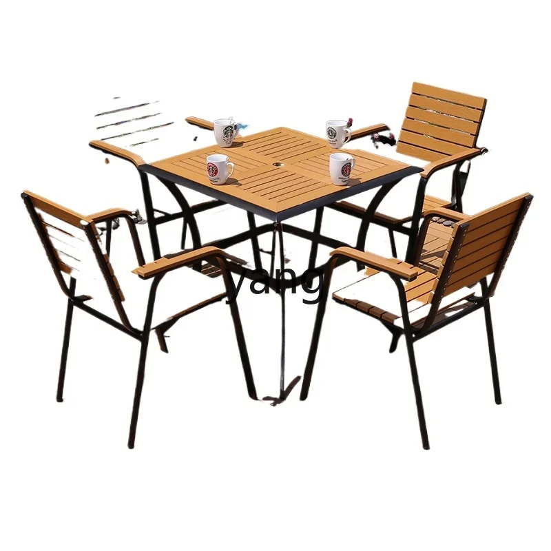 LTT mesas y sillas de madera de plástico para exteriores impermeables y protector solar aleación de aluminio patio de villa cuadrado al aire libre