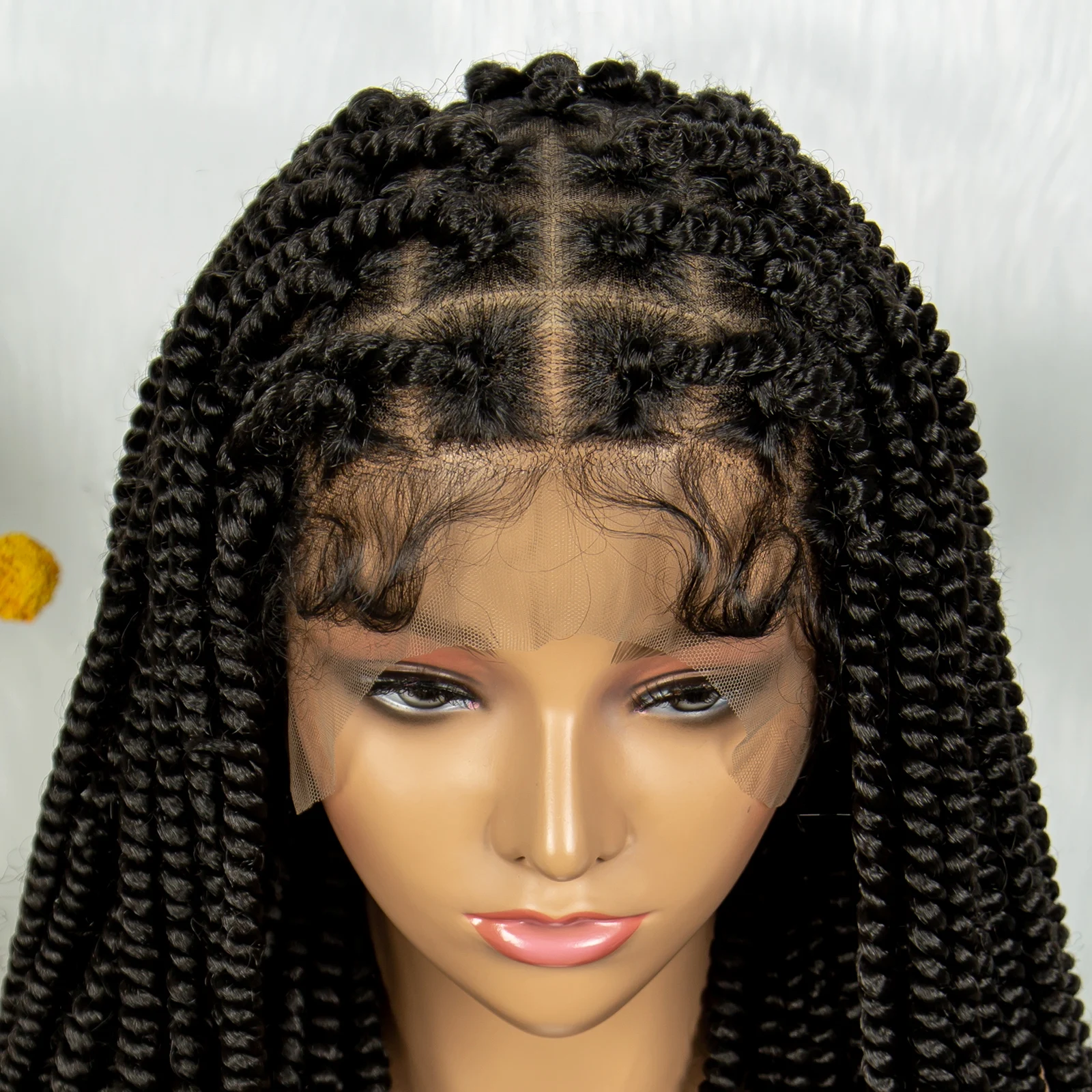 Parrucche intrecciate intrecciate in pizzo pieno da 20 pollici con i capelli del bambino Trecce sintetiche Bantu Parrucche anteriori in pizzo per donne nere Parrucche in pizzo HD naturale